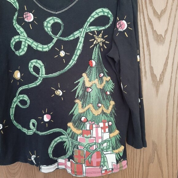 Jess & Jane Top Women Large Black Christmas Tree Presents V-Neck Top XL - Picture 4 of 7